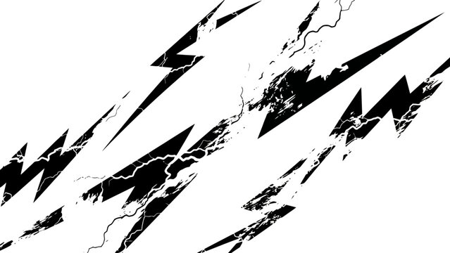 Abstract black lightning bolts with a distressed, textured effect on a white background, conveying energy and power.