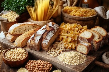 Rustic wooden board with crusty artisanal loaves and sliced bread, assorted dry pasta and spaghetti, bowls of grains and seeds, wheat stalks and fresh herbs in a warm inviting arrangement
