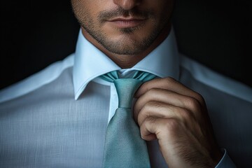 close-up of a man adjusting a light blue tie while wearing a white dress shirt, displaying concentration and professionalism