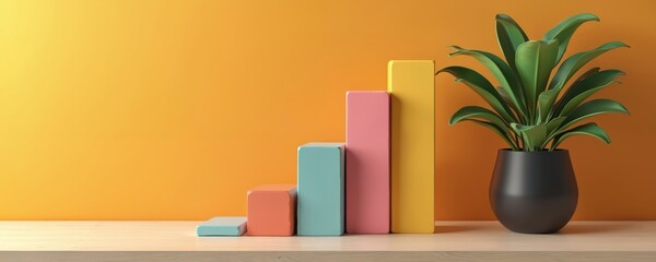 Abstract 3D bar chart with colorful ascending blocks. A potted green plant sits beside chart. Shows progress and growth. Clean background for business concepts.