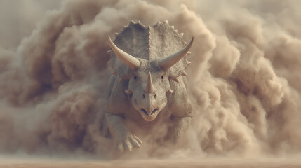 勇壮なトリケラトプスがの砂塵を巻き上げて走る姿