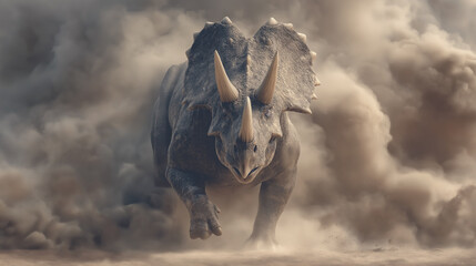 勇壮なトリケラトプスがの砂塵を巻き上げて走る姿