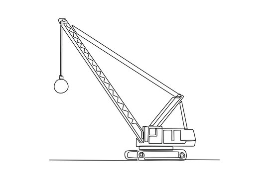 Single one line drawing demolition crane with wrecking ball seen from the side, emphasizing its industrial silhouette and function in a simple. Continuous line draw design graphic vector illustration