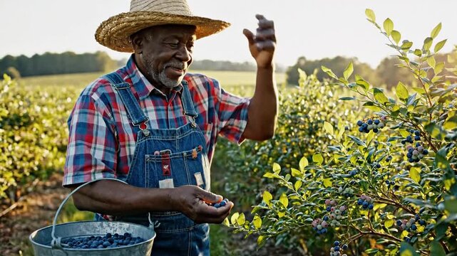 A farmer in a straw hat and plaid shirt harvests blueberries in a sunlit, lush field; basket nearby