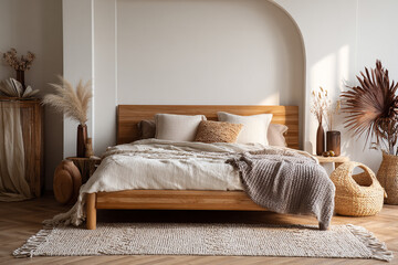 Cozy bedroom interior with wooden bed neutral bedding and natural decor