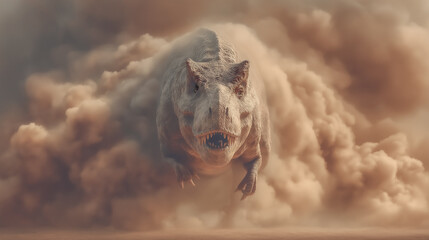 勇壮なティラノサウルスがの砂塵を巻き上げて走る姿