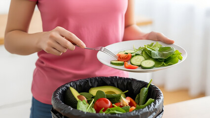 Person discarding fresh vegetables and salad into a bin, symbolizing food waste and its environmental impact
