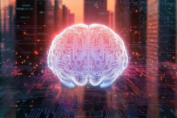 glowing digital brain with circuitry patterns hovering above a circuit board in a neon cityscape, conveying futuristic intelligence and connected energy