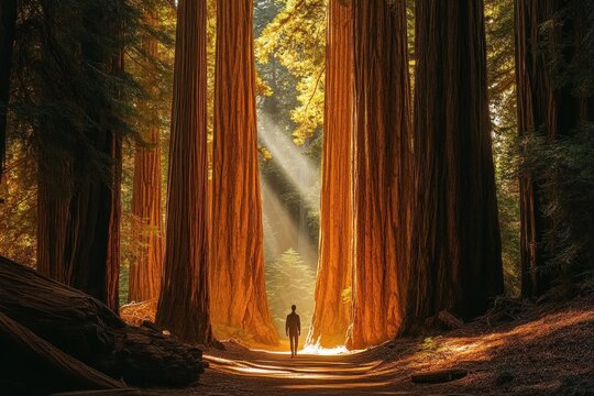 Solitary figure walking on a sunlit forest path between towering redwood trunks with golden rays and a serene, awe-filled atmosphere
