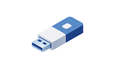 Isometric illustration of a blue and white usb flash drive for data storage