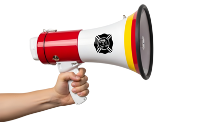 Hand holding a red and yellow megaphone with firefighter Maltese Cross symbol for urgent announcements isolated PNG with Transparent Background