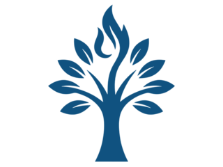 Stylized blue tree icon with flame-like top on transparent background, representing growth and nature