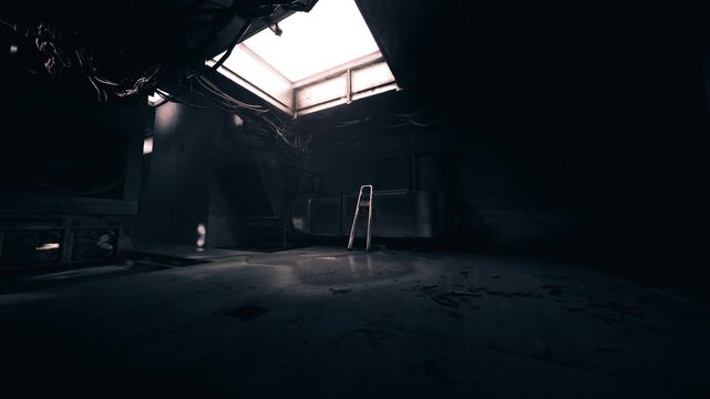 A stark industrial room features a single ladder placed in the center, bathed in natural light filtering through a skylight. The surrounding area is dark and partially obscured.