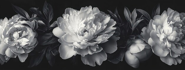 three large peony blooms with surrounding leaves on a dark background, monochrome close-up conveying serene elegant and dramatic mood
