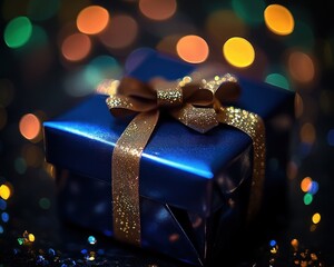 small blue gift wrapped in shiny paper with gold glitter ribbon and bow surrounded by sparkling confetti and warm colorful bokeh lights, festive and magical mood