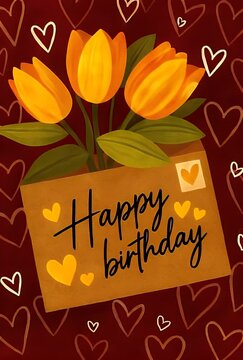 Happy Birthday Card With Tulips and Hearts Design.