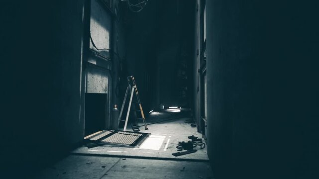 The hallway is dim with soft light from the end, featuring a ladder, various tools scattered on the ground, and a grate on the floor, suggesting ongoing construction or renovation work.