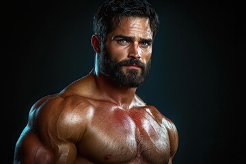 Glistening muscular male torso with defined chest and shoulders under dramatic studio lighting conveying power and intensity