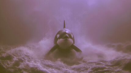 波と霧と水煙の中に飛び出す巨大なシャチの姿