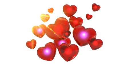 Floating glossy red hearts with bright light effect, perfect for Valentine's Day or wedding celebration. isolated PNG with Transparent Background