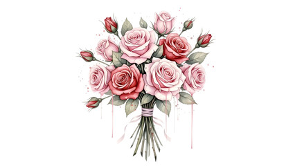 Beautiful watercolor pink and red roses bouquet for wedding invitations and greeting cards isolated PNG with Transparent Background
