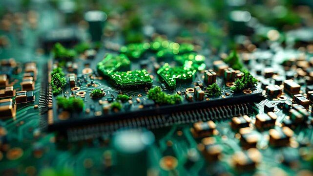 Plant-based recycling symbol on board. A circuit board displays a recycling symbol formed using green plants and small components.