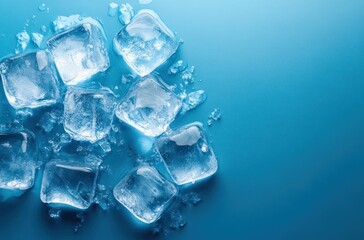 Scattered melting ice cubes with water droplets on a smooth blue surface, crisp refreshing cool mood