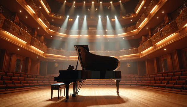 Grand piano stands center stage in classic concert hall. Spotlights shine down on stage, illuminating hall with rows of seating. Ornate architecture defines elegant performance space, music ready.