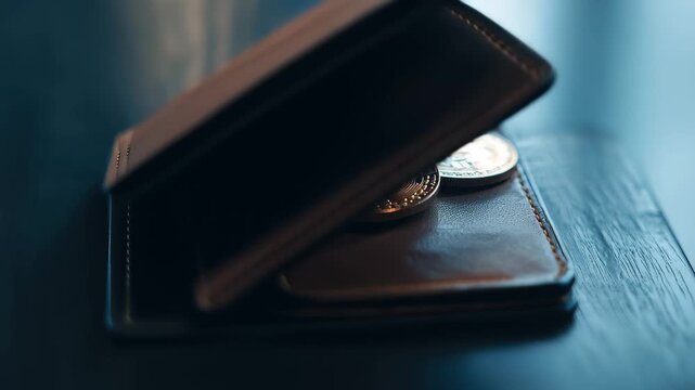 Digital cryptocurrency wallet with Bitcoin coins placed on a wooden table in a modern office setting