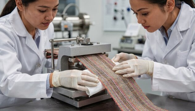 Closeup medium shot of textile specialists conducting wet rub fastness testing on colored narrow fabrics highlighting careful handling and detailed observation.