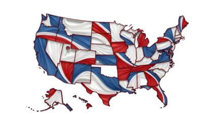 Patriotic United States map illustration with flowing red white and blue ribbon flag texture isolated PNG with Transparent Background