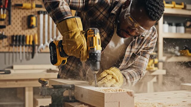 Man using drill on wood in workshop