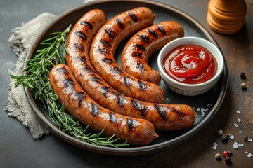 Plate with four grilled sausages garnished with fresh rosemary and a small bowl of ketchup on a dark rustic surface