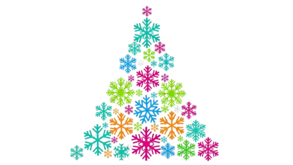 Modern colorful snowflake pattern forming a festive Christmas tree design graphic element isolated PNG with Transparent Background
