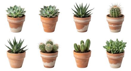 Fototapeta premium Collection of various cacti and succulents in terracotta pots isolated on transparent background