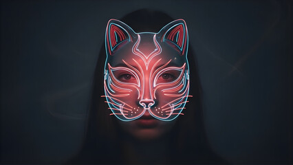 A surreal portrait of a person wearing a glowing purple and pink holographic cat mask. A playful concept of digital identity, anonymity, online personas, and self-expression.