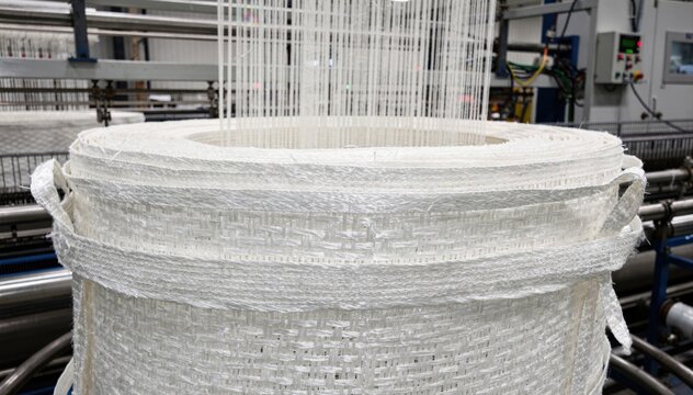 Medium shot of circular looms weaving white polypropylene flat yarn tapes into durable bulk bags highlighting detailed texture and fabric strength in an industrial setting.