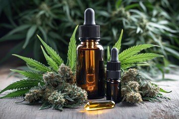 Amber glass dropper bottles surrounded by cannabis buds, green leaves, and a golden capsule on a wooden surface with a natural green blurred background
