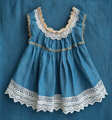 blue vintage baby dress with white crochet lace and gold trim, pleated skirt and ruffled neckline, delicate nostalgic and sweet