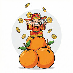 Illustration of Chinese God of Wealth Caishen on Oranges with Gold Coins