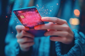 hands holding a glowing smart card with visible chip and holographic digital network, neon pink and blue light, sparkles and bokeh evoking curiosity and futuristic wonder