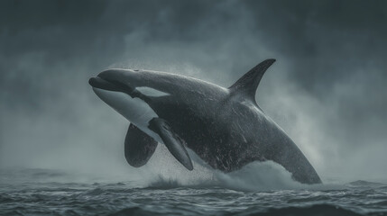 波と霧と水煙の中に飛び出す巨大なシャチの姿