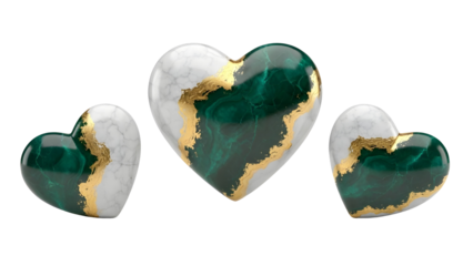 Set of three decorative luxury hearts with emerald green stone and gold accents isolated PNG with Transparent Background