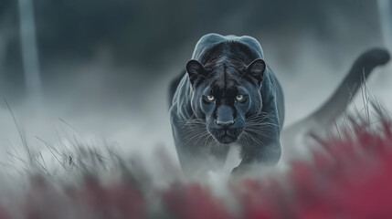 勇壮なヒョウが砂塵を舞上げながら走る姿