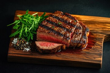 juicy grilled medium-rare steak with charred grill marks on wooden cutting board served with fresh arugula, coarse salt and pepper, appetizing and savory