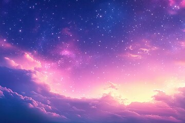 Beautiful dreamy sky filled with stars and glowing clouds at sunset or sunrise, creating a magical and serene atmosphere
