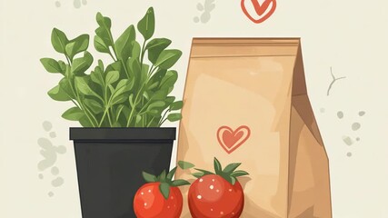 selective focus eco conscious food products in biodegradable packaging in cartoon style