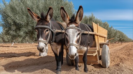 In a vast rural landscape, two domestic donkeys pull a wooden cart through sun-soaked soil, surrounded by olive trees under a clear blue sky, showcasing their hard work in harmony