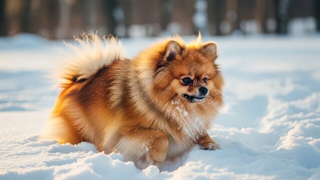 Adorable Pomeranian Dog Playing Joyfully in Fresh Winter Snow