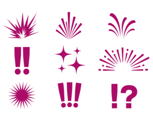 Collection of magenta abstract explosion and punctuation mark symbols on transparent